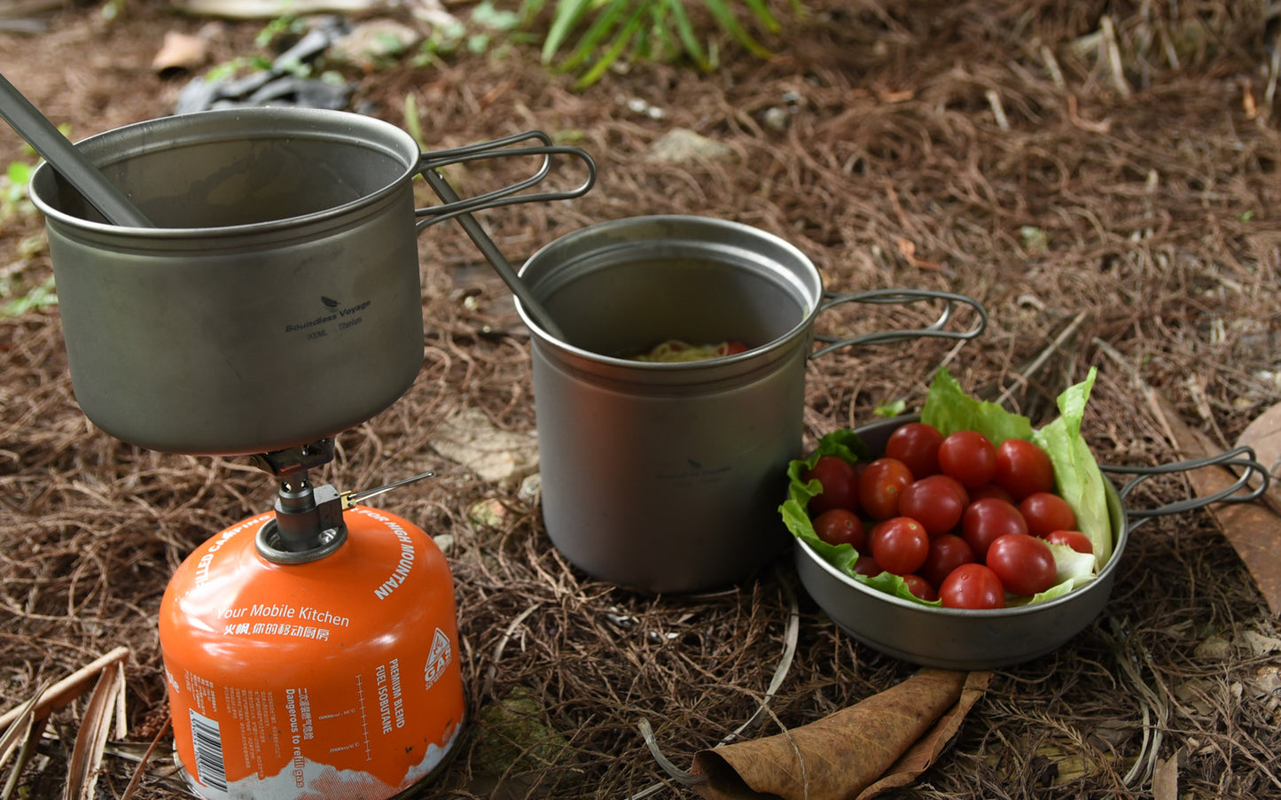 Boundless Voyage 2-Piece Titanium Pot & Pan Set | 900ml Pot + 500ml Lid/Bowl | Ultralight Nesting Cookware Kit with Folding Handles | Stove-Safe Mess Kit for Camping & Hiking