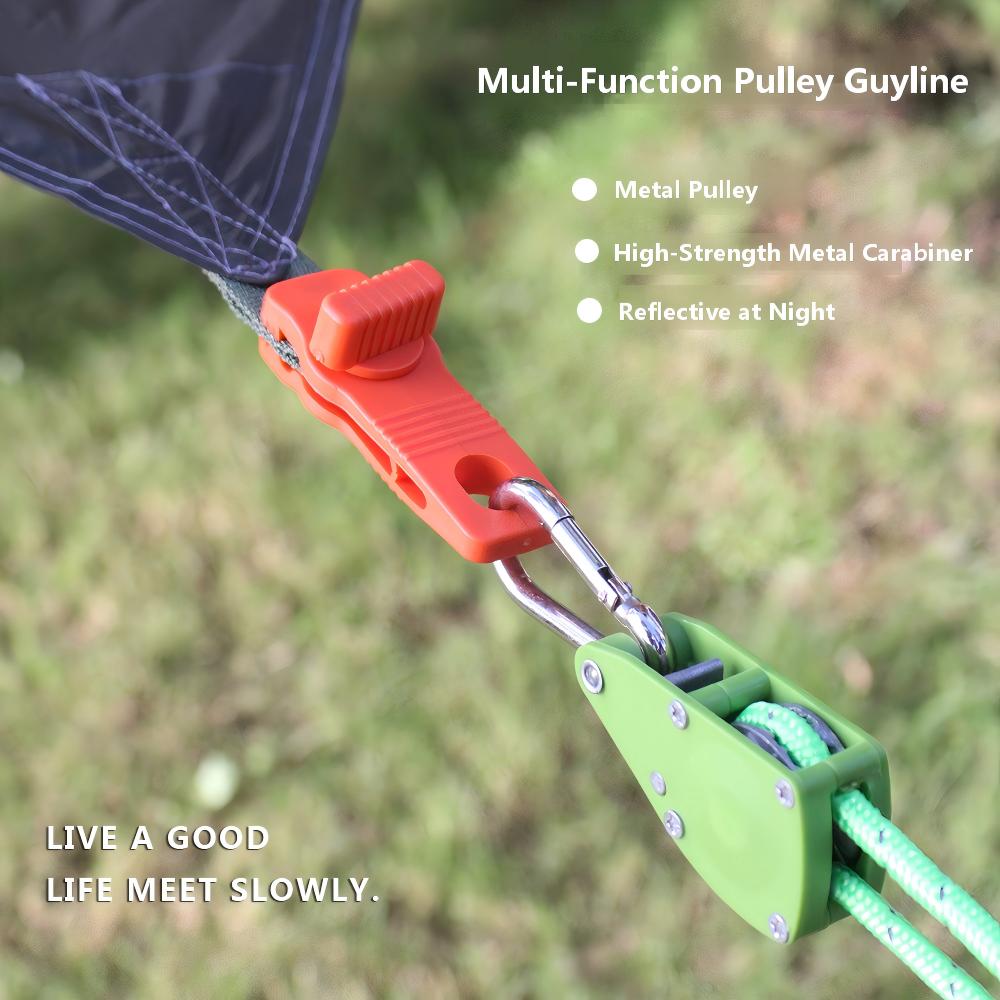 Camping Tarp Guy Lines with Metal Pulley – Heavy-Duty Adjustable Reflective Tent Ropes for Windproof Outdoor Setup