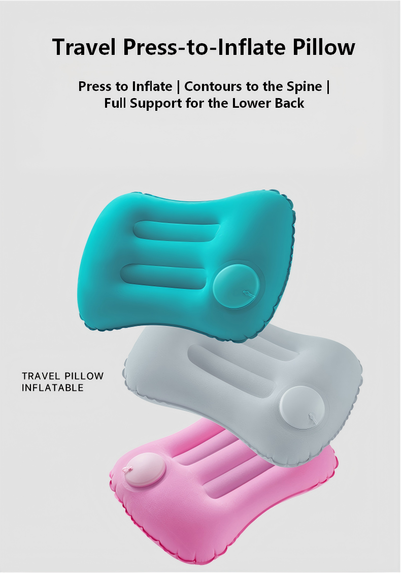 Push-Button Inflatable Travel Pillow - Ergonomic Neck Support, Soft Flocking, Compact & Portable