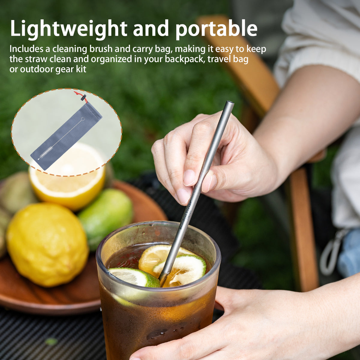 Boundless Voyage Titanium Straw 215mm – TA1 Pure Titanium Reusable Straight Straw with Cleaning Brush & Carry Bag