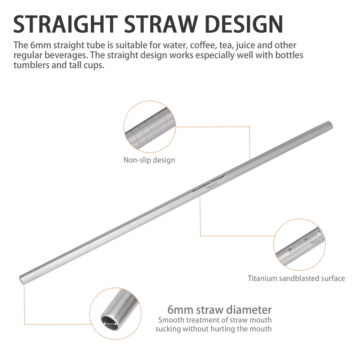 Boundless Voyage Titanium Straw 215mm – TA1 Pure Titanium Reusable Straight Straw with Cleaning Brush & Carry Bag