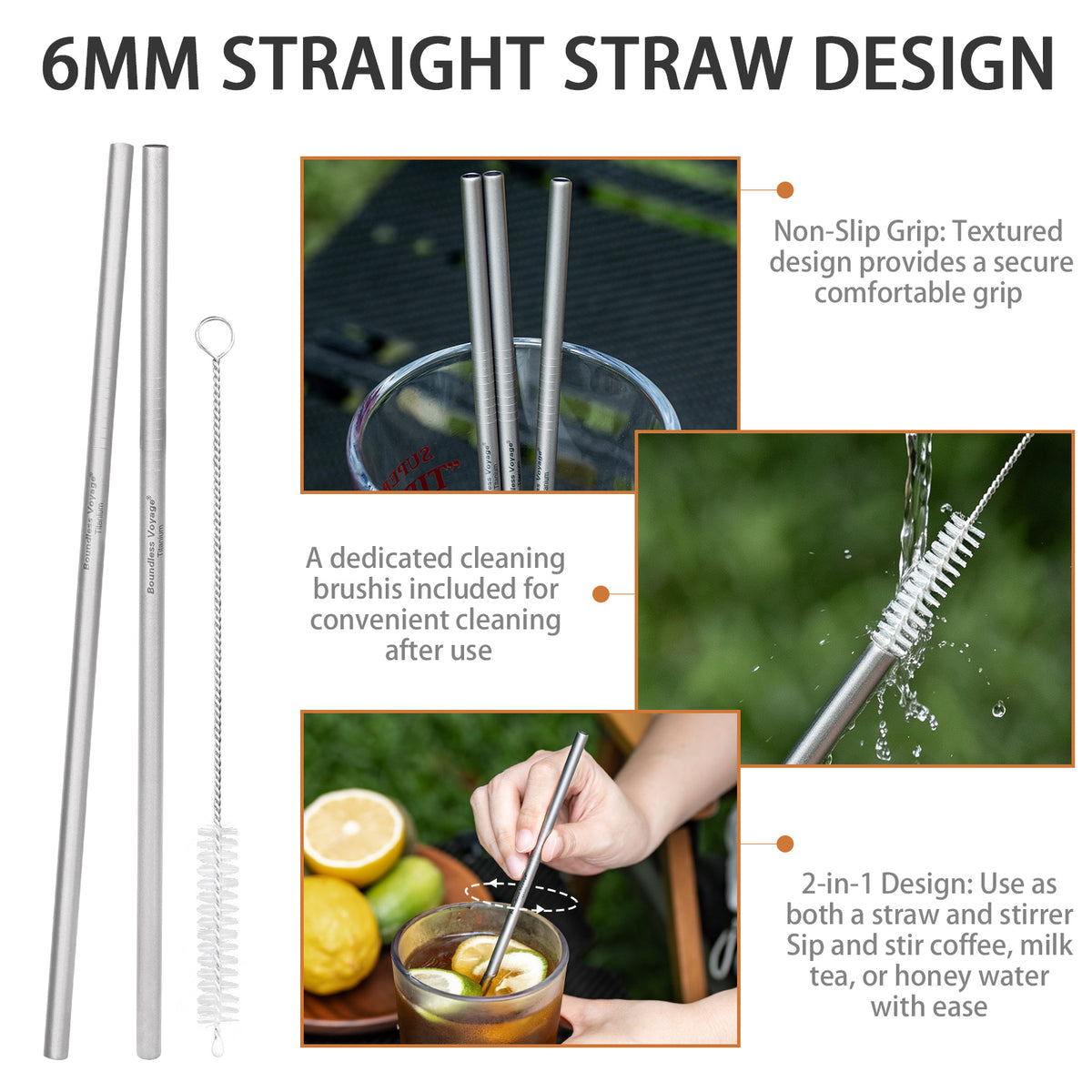 Boundless Voyage Titanium Straw 215mm – TA1 Pure Titanium Reusable Straight Straw with Cleaning Brush & Carry Bag
