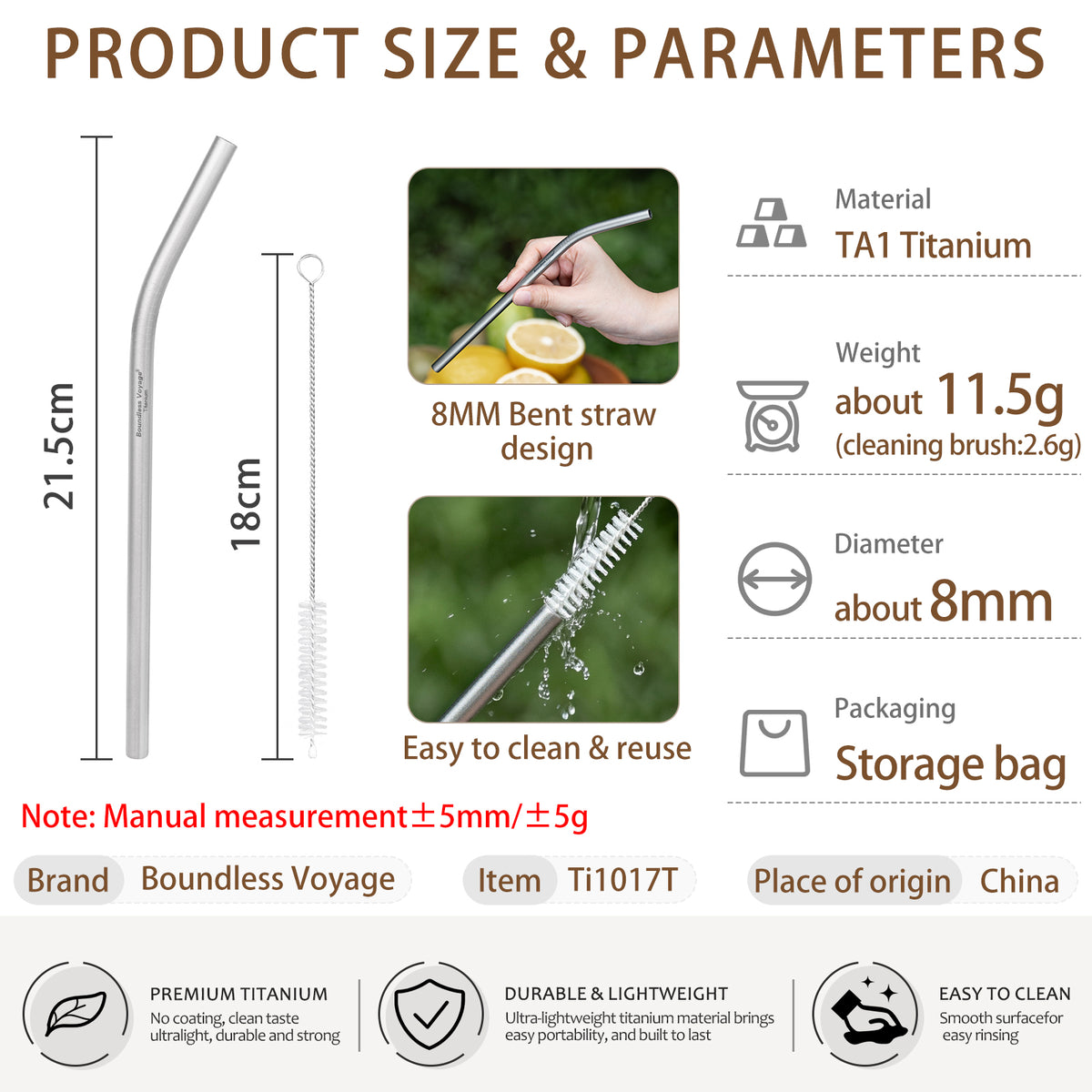 Boundless Voyage 213mm Titanium Bent Straw – TA1 Pure Titanium Reusable Drinking Straw with Cleaning Brush & Carry Bag