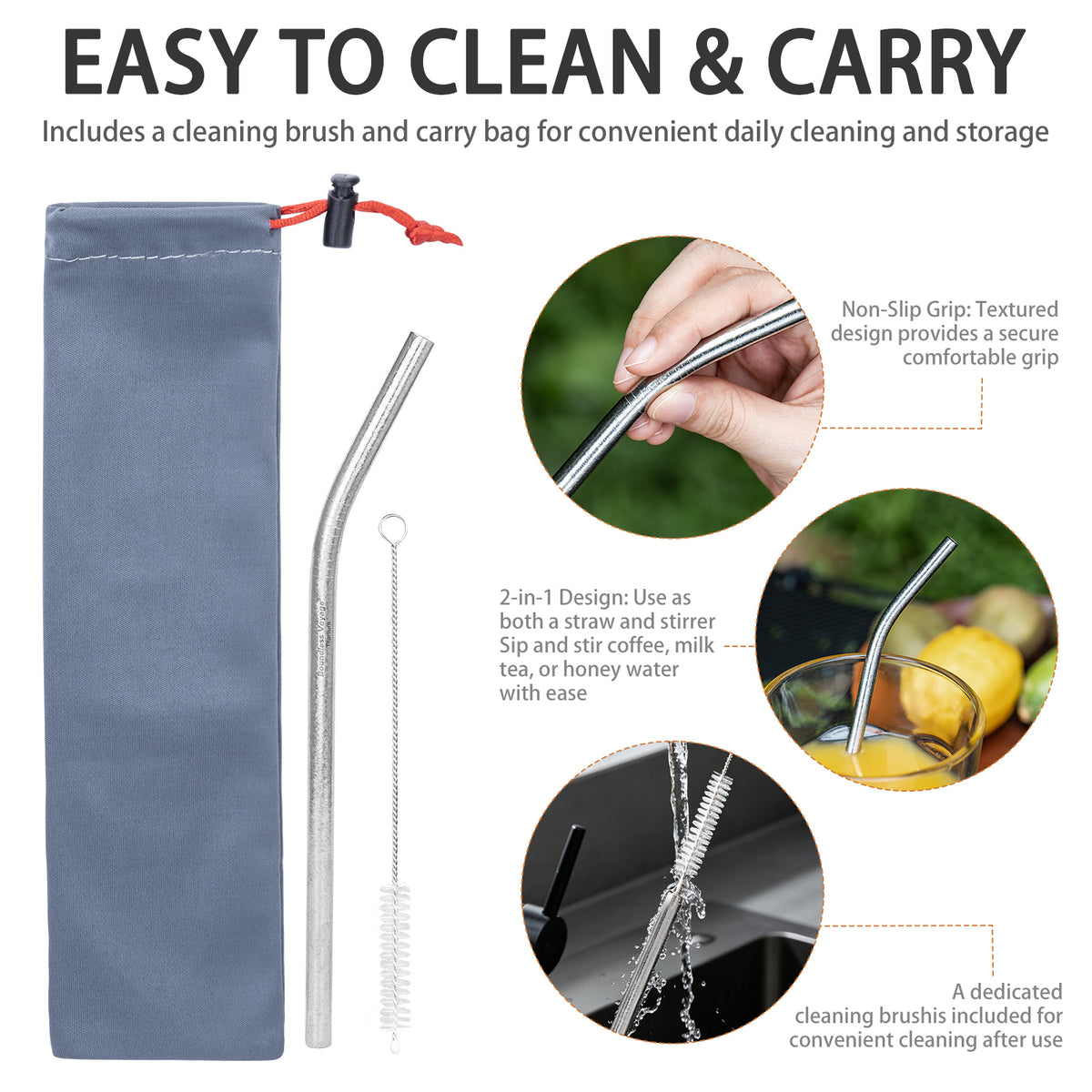 Boundless Voyage 213mm Titanium Bent Straw – TA1 Pure Titanium Reusable Drinking Straw with Cleaning Brush & Carry Bag