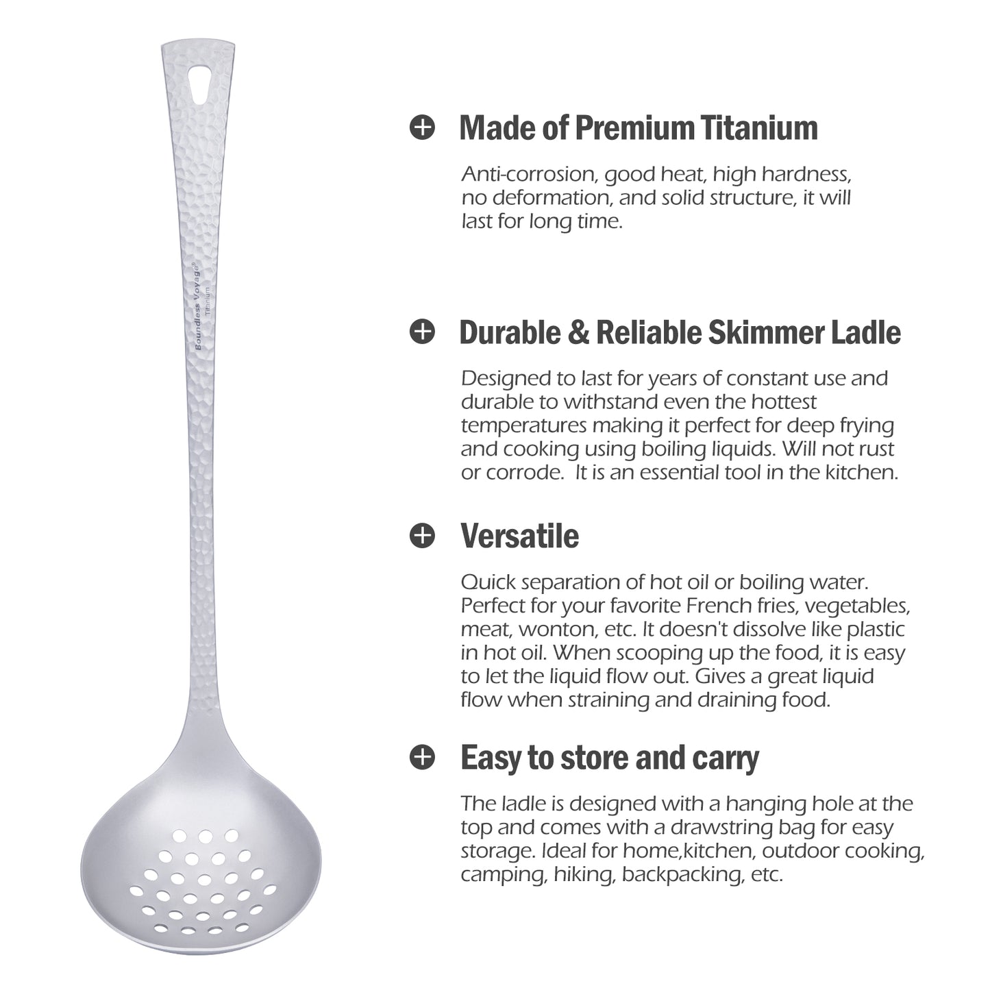 Boundless Voyage Titanium Skimmer Spoon Lightweight Cooking Skimmer Ladle with Long Handle Food Strainer Colander Kitchen Tools