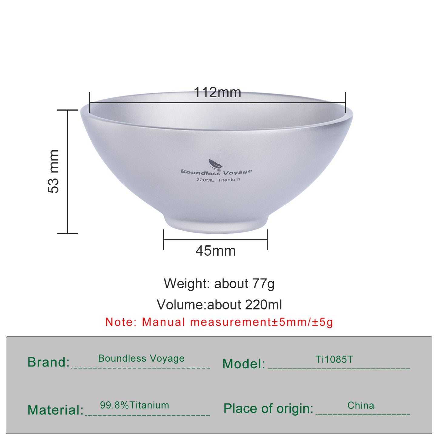 Boundless Voyage Titanium Double-Wall Bowl 220ml | Ultralight Insulated Camping Bowl | Portable Outdoor Tableware for Soup, Rice & Kids