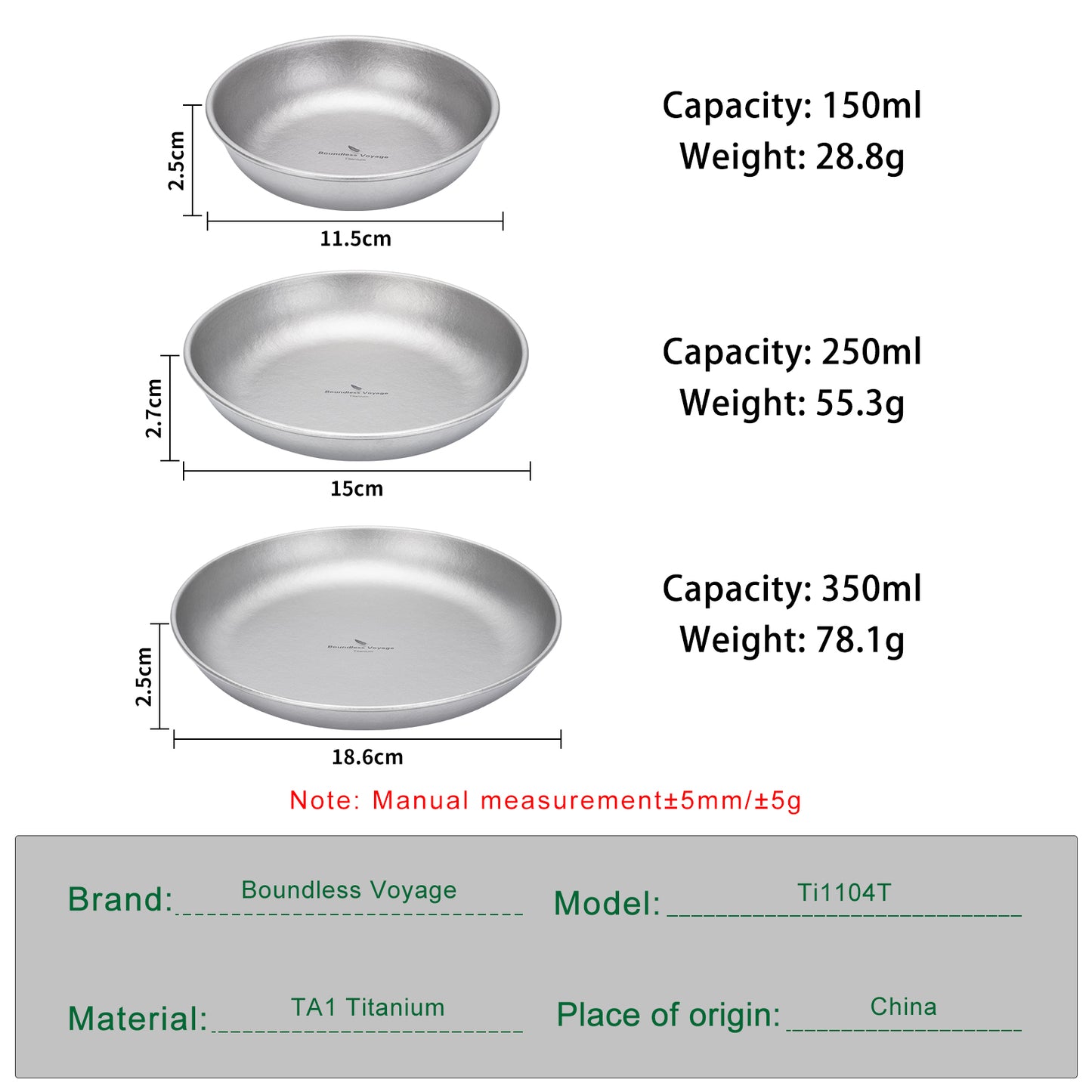 Boundless Voyage Titanium Plate Set – 3PCS Ultralight Camping Dining Plates for Hiking, Travel & Outdoor Meals