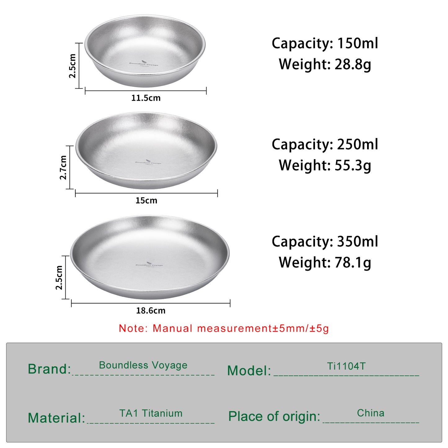 Boundless Voyage Titanium Plate Set – 3PCS Ultralight Camping Dining Plates for Hiking, Travel & Outdoor Meals
