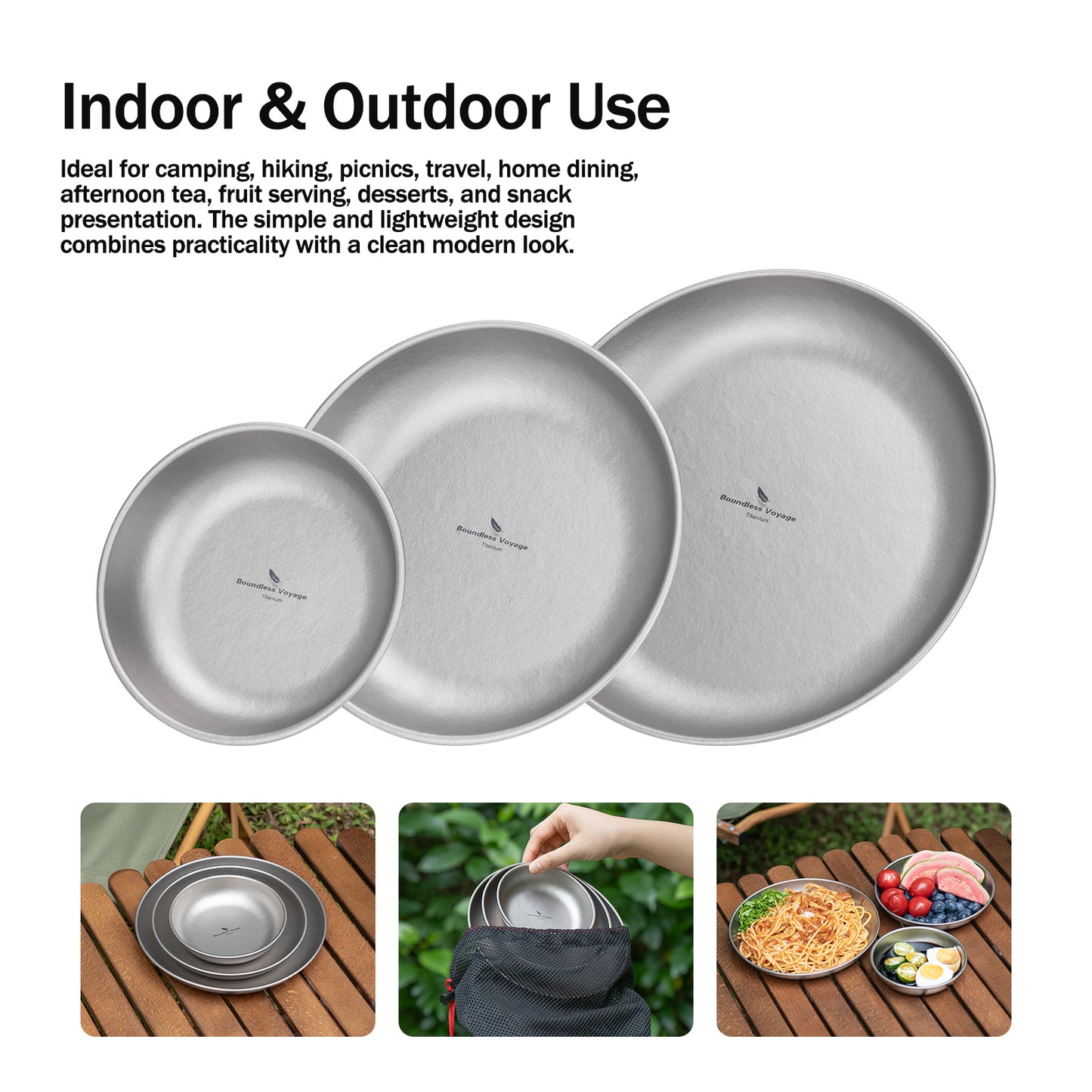 Boundless Voyage Titanium Plate Set – 3PCS Ultralight Camping Dining Plates for Hiking, Travel & Outdoor Meals