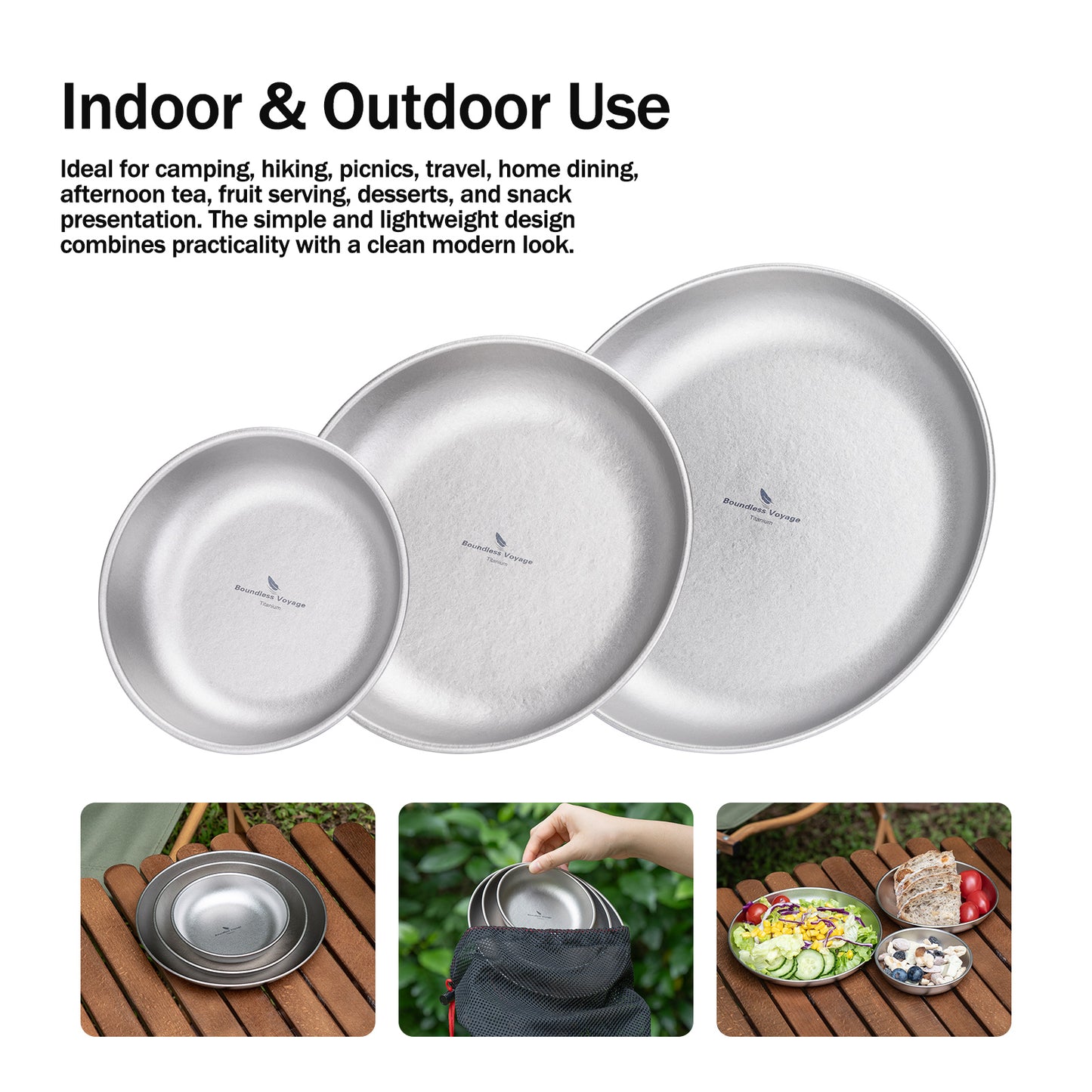 Boundless Voyage Titanium Plate Set – 3PCS Ultralight Camping Dining Plates for Hiking, Travel & Outdoor Meals