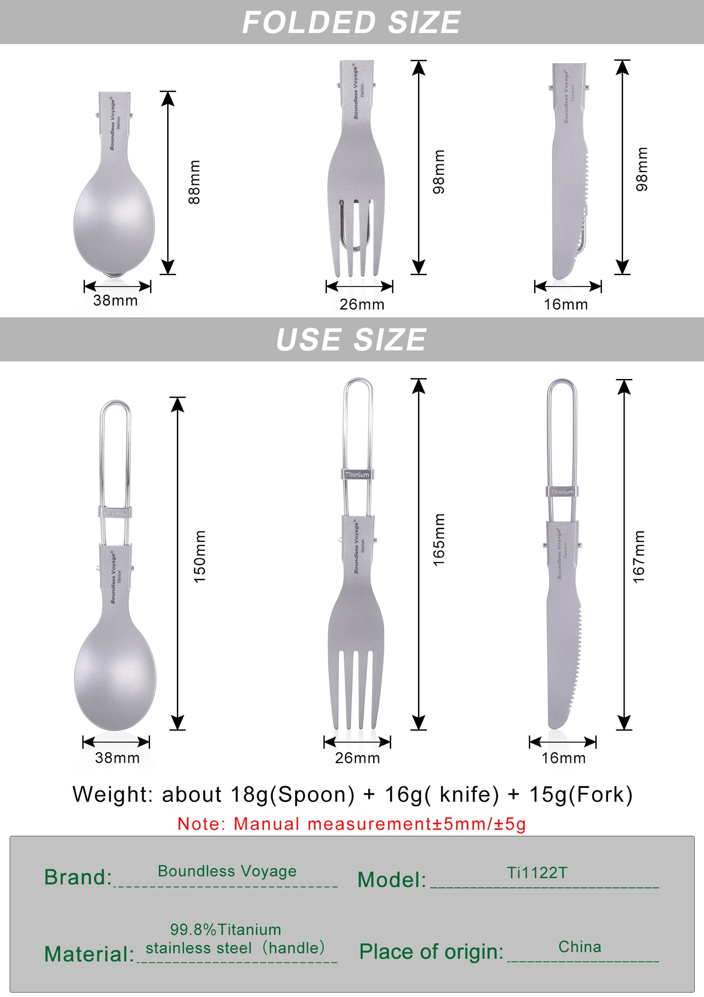 Boundless Voyage Titanium Folding Cutlery Set (Spoon + Fork + Knife) – Ultralight, Compact & Durable Tableware for Camping, Hiking & Everyday Use