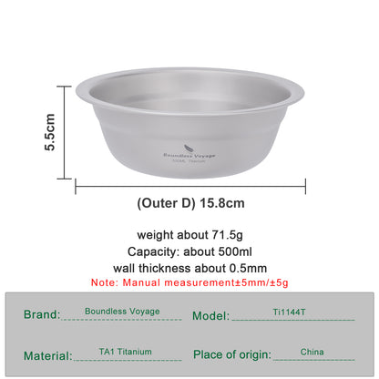 Boundless Voyage 500ml Titanium Bowl Rice Soup Salad Serving Bowl Ultralight Outdoor Camping Travel Durable Portable Tableware