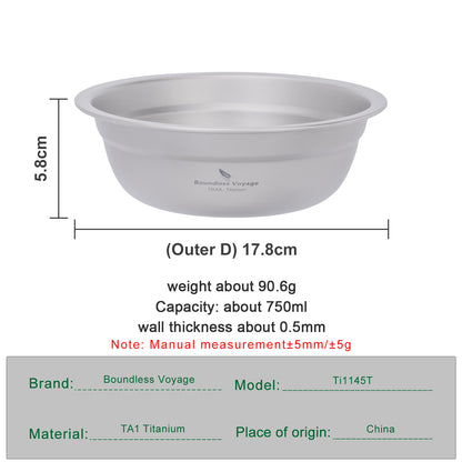Boundless Voyage 750ml Titanium Bowl Rice Soup Salad Serving Bowl Ultralight Outdoor Camping Travel Durable Portable Tableware