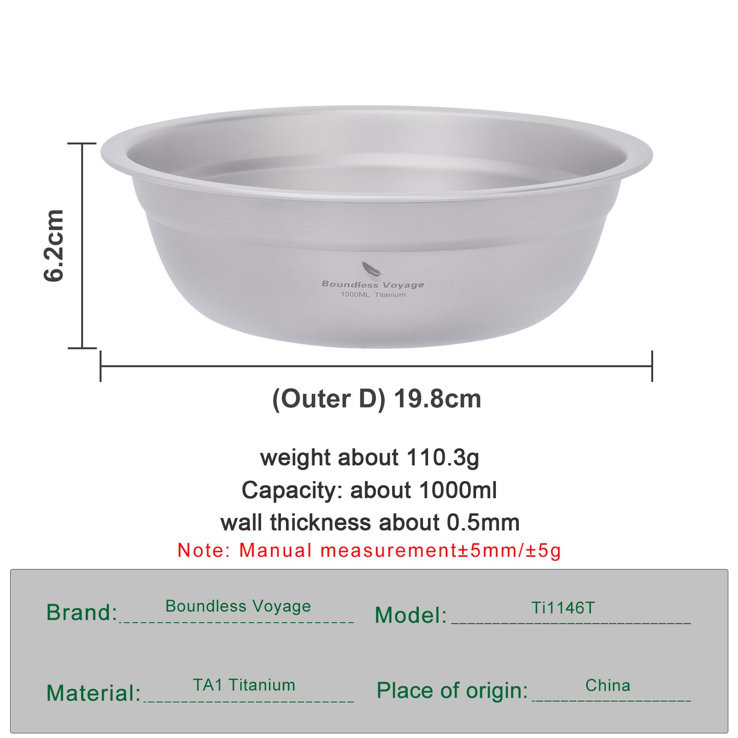 Boundless Voyage 1000ml Titanium Bowl Rice Soup Salad Serving Bowl Ultralight Outdoor Camping Travel Durable Portable Tableware