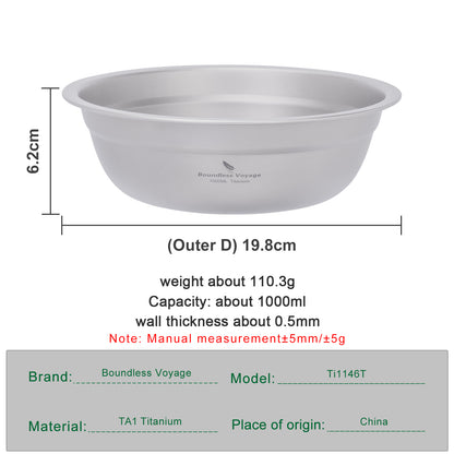 Boundless Voyage 1000ml Titanium Bowl Rice Soup Salad Serving Bowl Ultralight Outdoor Camping Travel Durable Portable Tableware