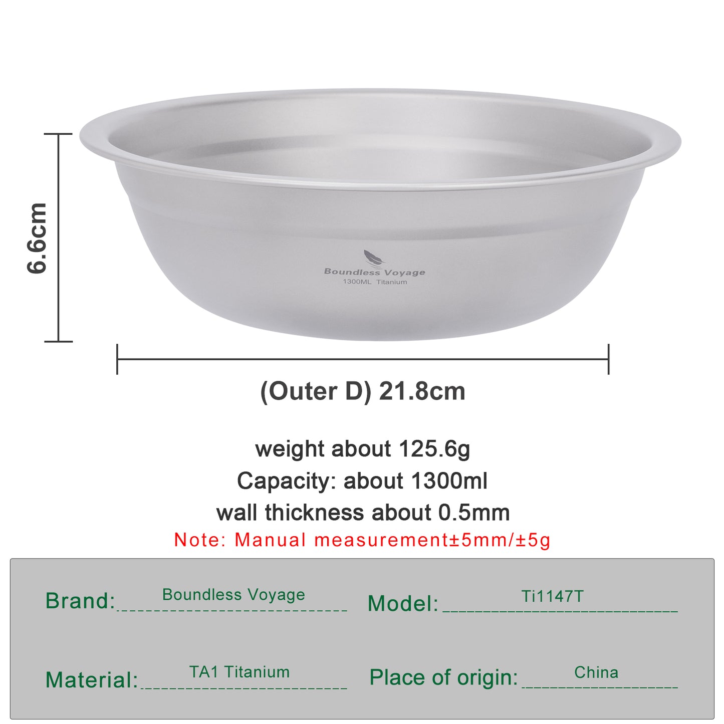 Boundless Voyage 1300ml Titanium Bowl Rice Soup Salad Serving Bowl Ultralight Outdoor Camping Travel Durable Portable Tableware