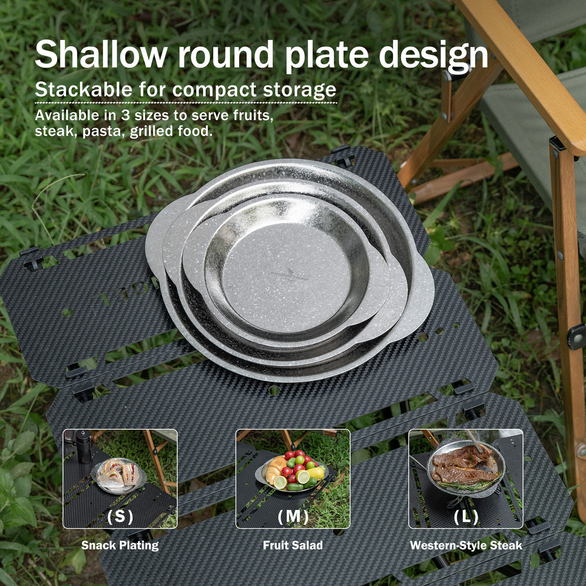Boundless Voyage 3-Piece Titanium Camping Plate Set with Handles – Stackable TA1 Dinner & Serving Plates for Outdoor, Picnic & Travel