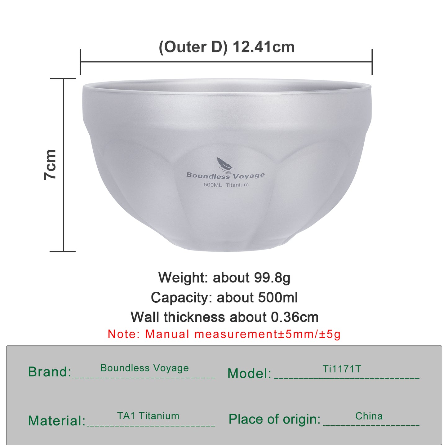 Boundless Voyage 500ml Titanium Double Walled Bowl Rice Soup Oatmeal Yogurt Serving Bowl Ultralight Outdoor Camping Travel Durable Portable Tableware