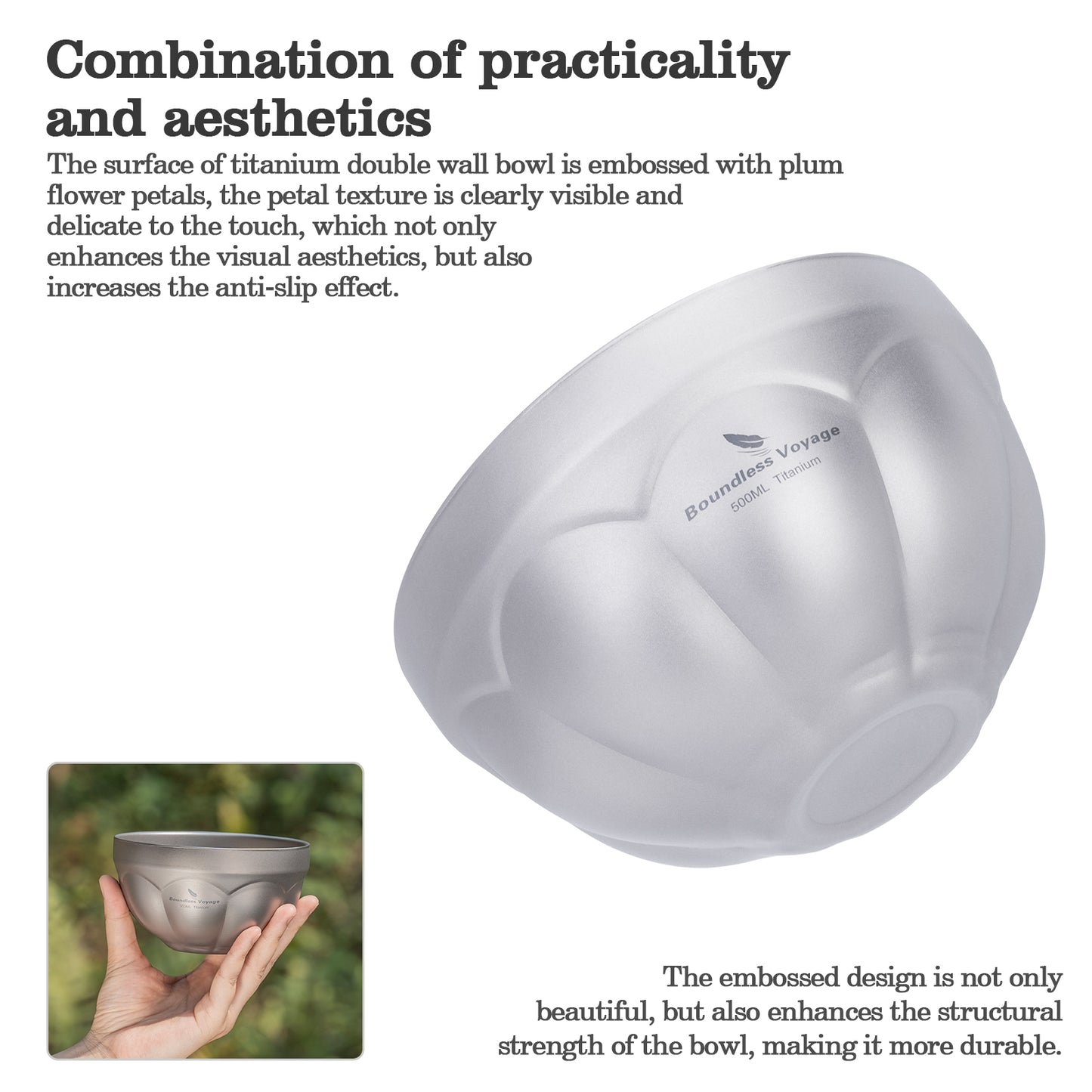 Boundless Voyage 500ml Titanium Double Walled Bowl Rice Soup Oatmeal Yogurt Serving Bowl Ultralight Outdoor Camping Travel Durable Portable Tableware