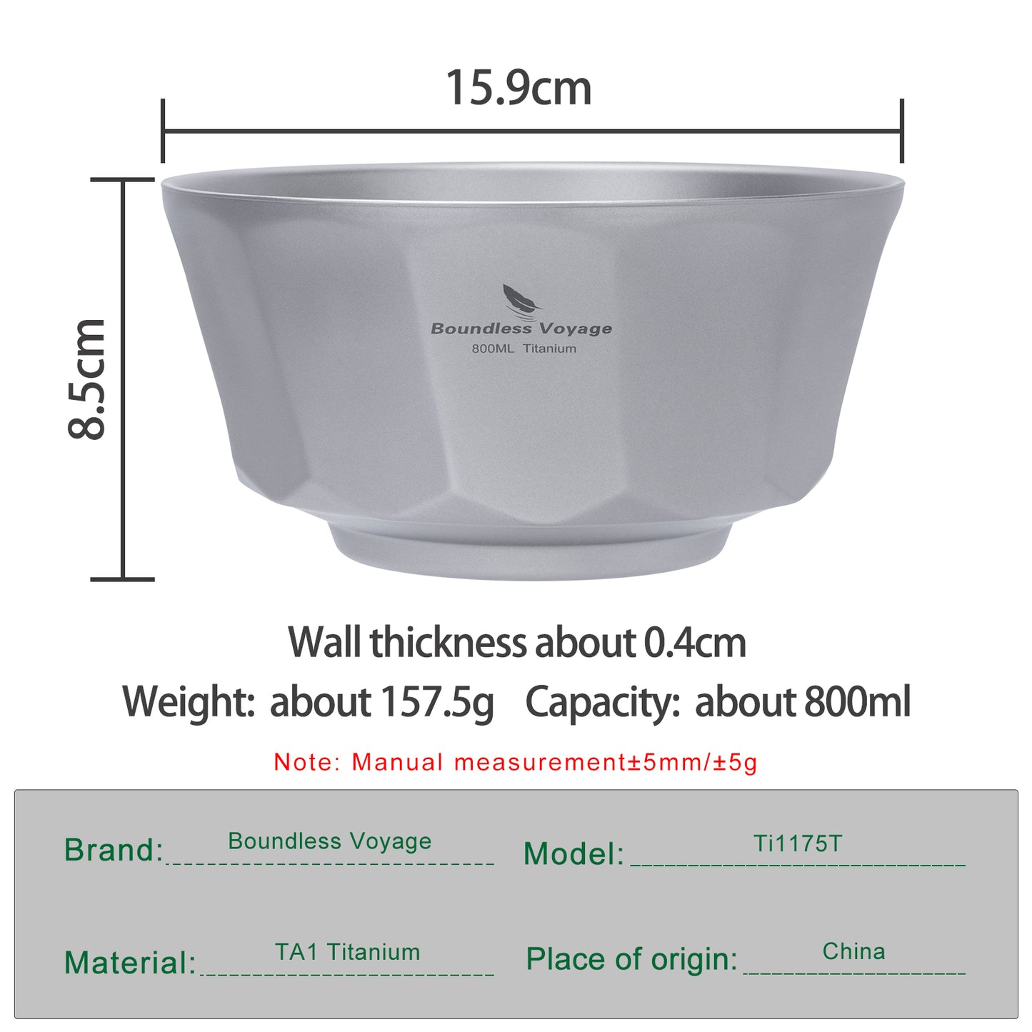 Boundless Voyage Titanium Double-Walled Bowl 800ml Anti-Scald Ultralight Rust-Proof Bowl for Camping Hiking Outdoor & Home Use