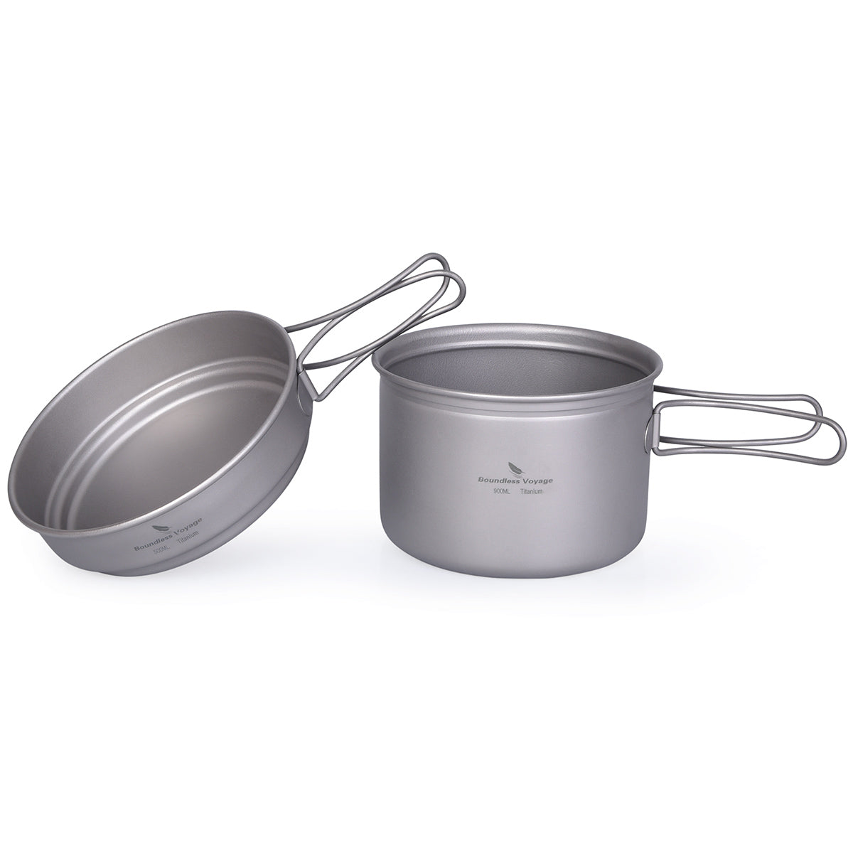 Boundless Voyage 2-Piece Titanium Pot & Pan Set | 900ml Pot + 500ml Lid/Bowl | Ultralight Nesting Cookware Kit with Folding Handles | Stove-Safe Mess Kit for Camping & Hiking