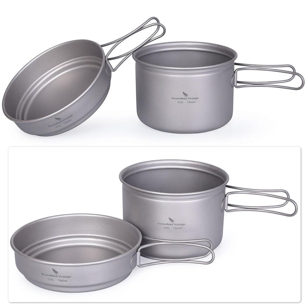 Boundless Voyage 2-Piece Titanium Pot & Pan Set | 900ml Pot + 500ml Lid/Bowl | Ultralight Nesting Cookware Kit with Folding Handles | Stove-Safe Mess Kit for Camping & Hiking