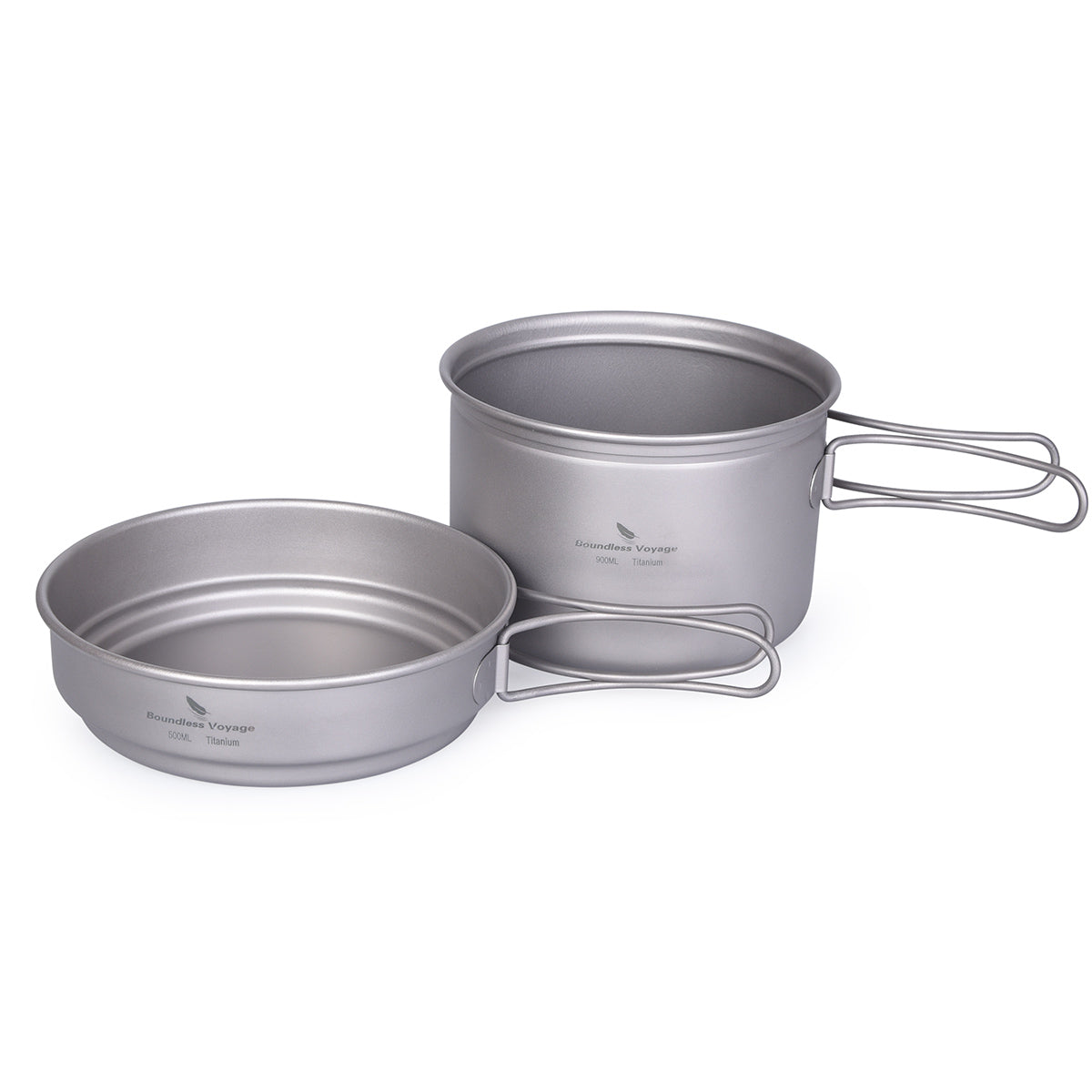 Boundless Voyage 2-Piece Titanium Pot & Pan Set | 900ml Pot + 500ml Lid/Bowl | Ultralight Nesting Cookware Kit with Folding Handles | Stove-Safe Mess Kit for Camping & Hiking