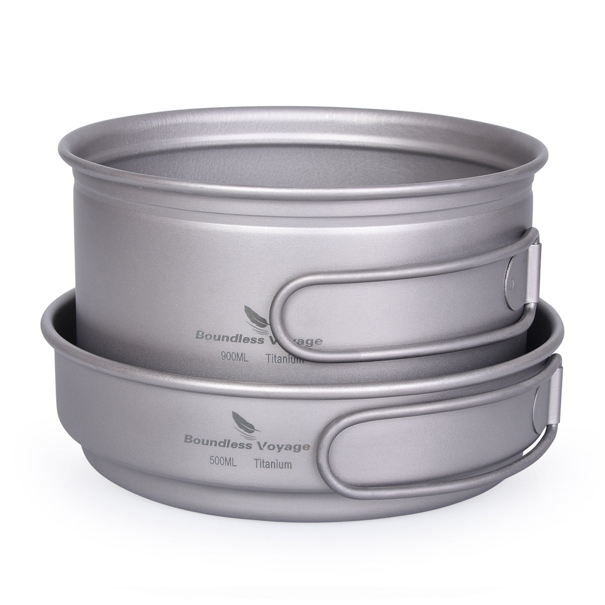Boundless Voyage 2-Piece Titanium Pot & Pan Set | 900ml Pot + 500ml Lid/Bowl | Ultralight Nesting Cookware Kit with Folding Handles | Stove-Safe Mess Kit for Camping & Hiking
