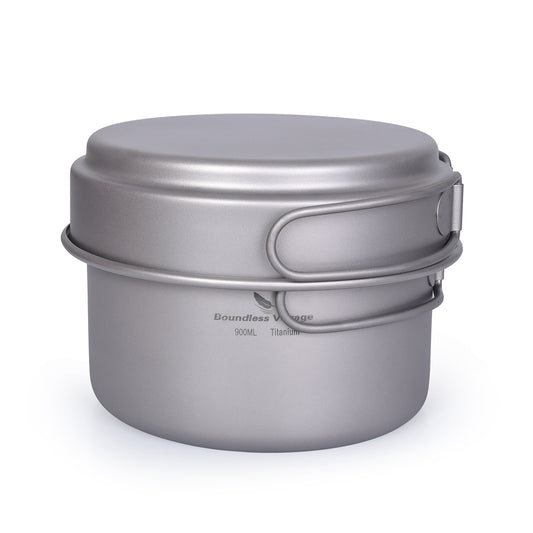 Boundless Voyage 2-Piece Titanium Pot & Pan Set | 900ml Pot + 500ml Lid/Bowl | Ultralight Nesting Cookware Kit with Folding Handles | Stove-Safe Mess Kit for Camping & Hiking