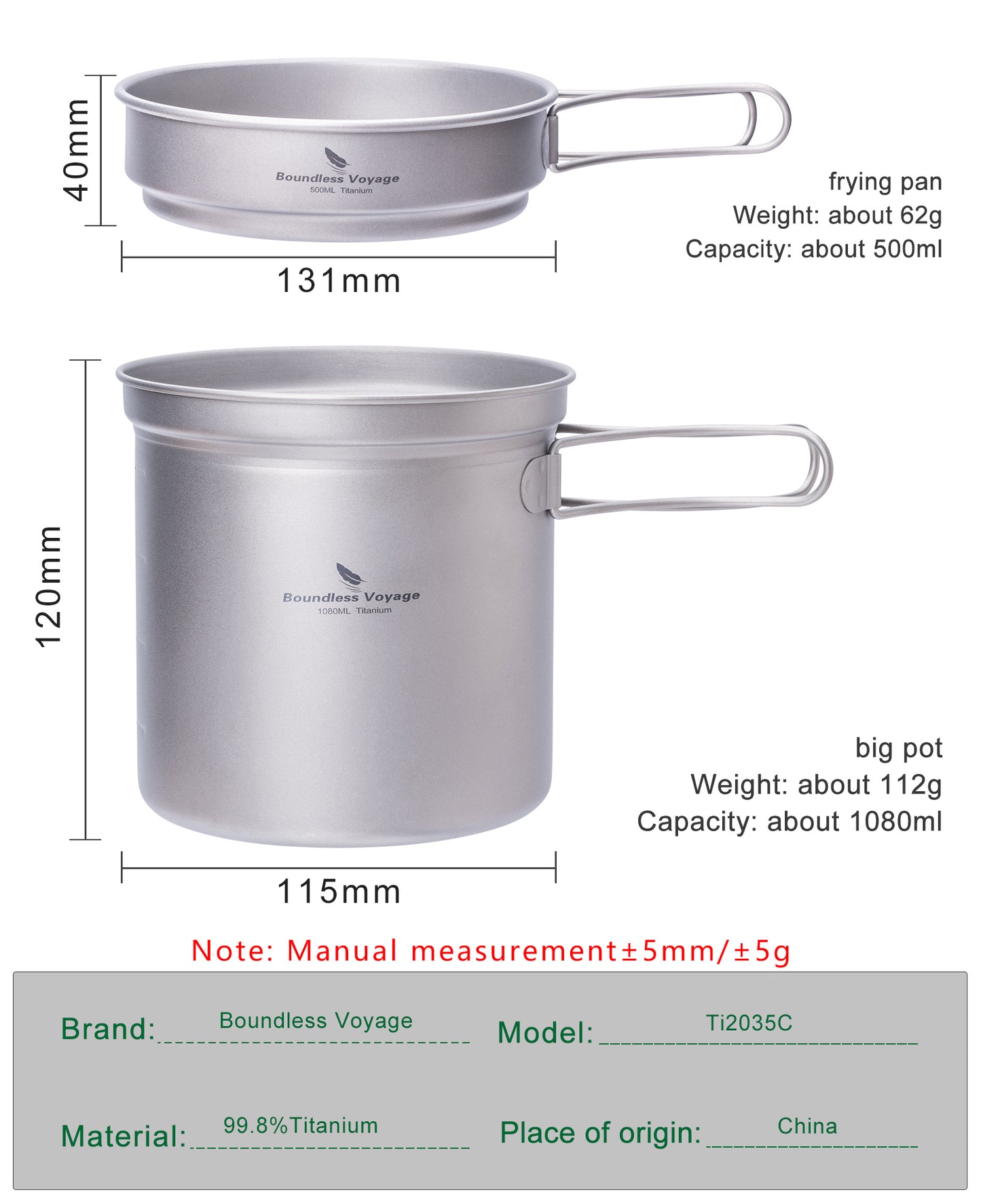 Boundless Voyage Titanium Cookware Set – Ultralight Camping Pot & Frying Pan 500ml + 1080ml, Nesting TA1 Titanium Cooking Set for Backpacking, Hiking & Outdoor Cooking