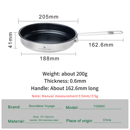 Boundless Voyage Titanium Non-stick Frying Pan Outdoor Camping Skillet with Folding Handle Lightweight Cookware