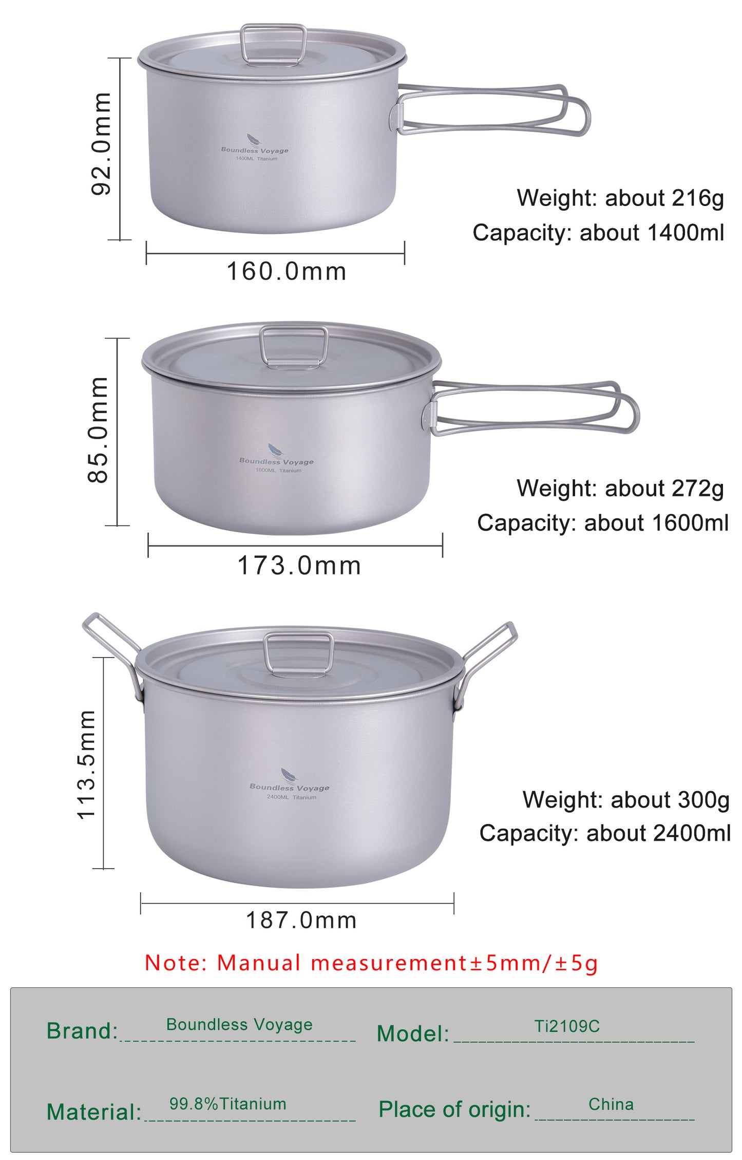 Boundless Voyage Titanium 3pcs Camping Cookware Mess Kit, Camping Cooking Set,  Portable Nonstick Camp Pots Set 1.4L 1.6L 2.4L for Outdoor Camping, Picnic, Hiking, Backpacking