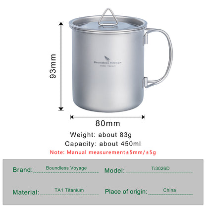 Boundless Voyage 450ml Pure Titanium Mug with Lid – Ultralight & Durable Camping Cup