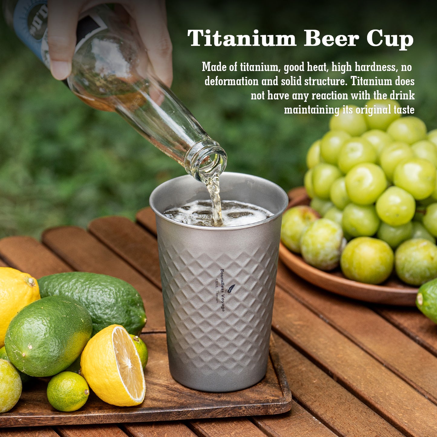 Boundless Voyage Titanium 450ml Stackable Cup – Premium Reusable Metal Drinking Glass for Beer, Juice, Camping & Outdoor Use
