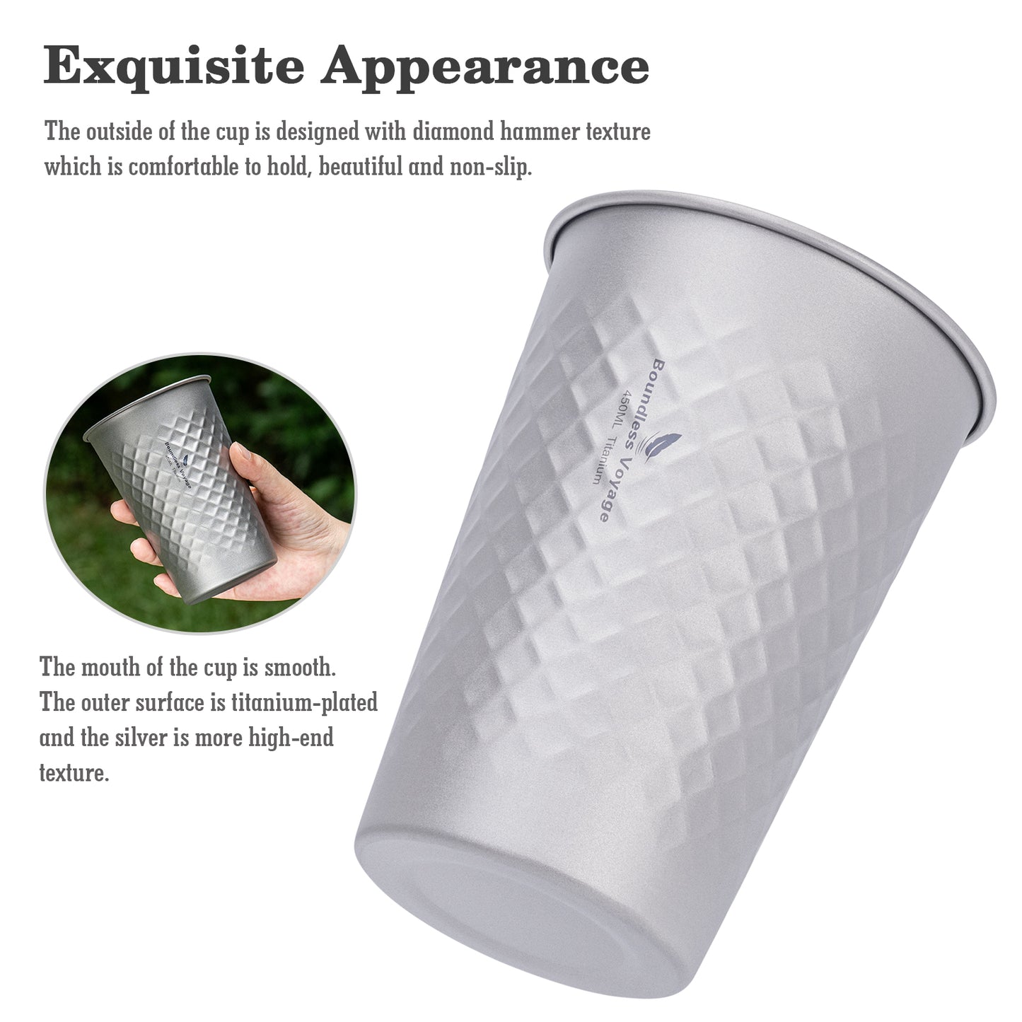 Boundless Voyage Titanium 450ml Stackable Cup – Premium Reusable Metal Drinking Glass for Beer, Juice, Camping & Outdoor Use