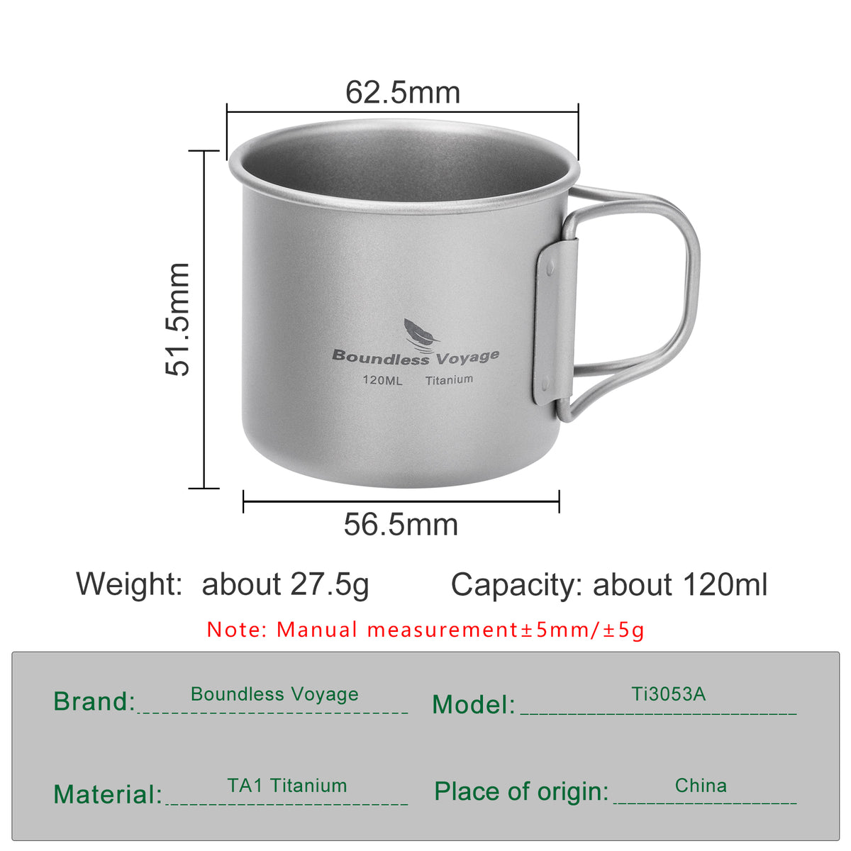 Boundless Voyage 120ml Titanium Camping Cup with Folding Handle – Ultralight Mini Coffee & Espresso Mug for Hiking, Backpacking & Travel