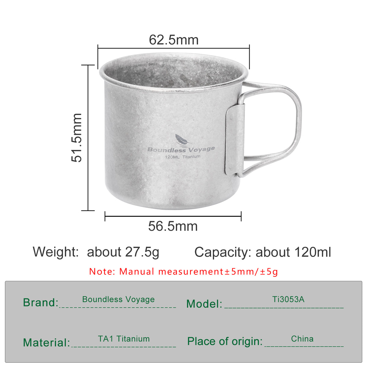 Boundless Voyage 120ml Titanium Camping Cup with Folding Handle – Ultralight Mini Coffee & Espresso Mug for Hiking, Backpacking & Travel