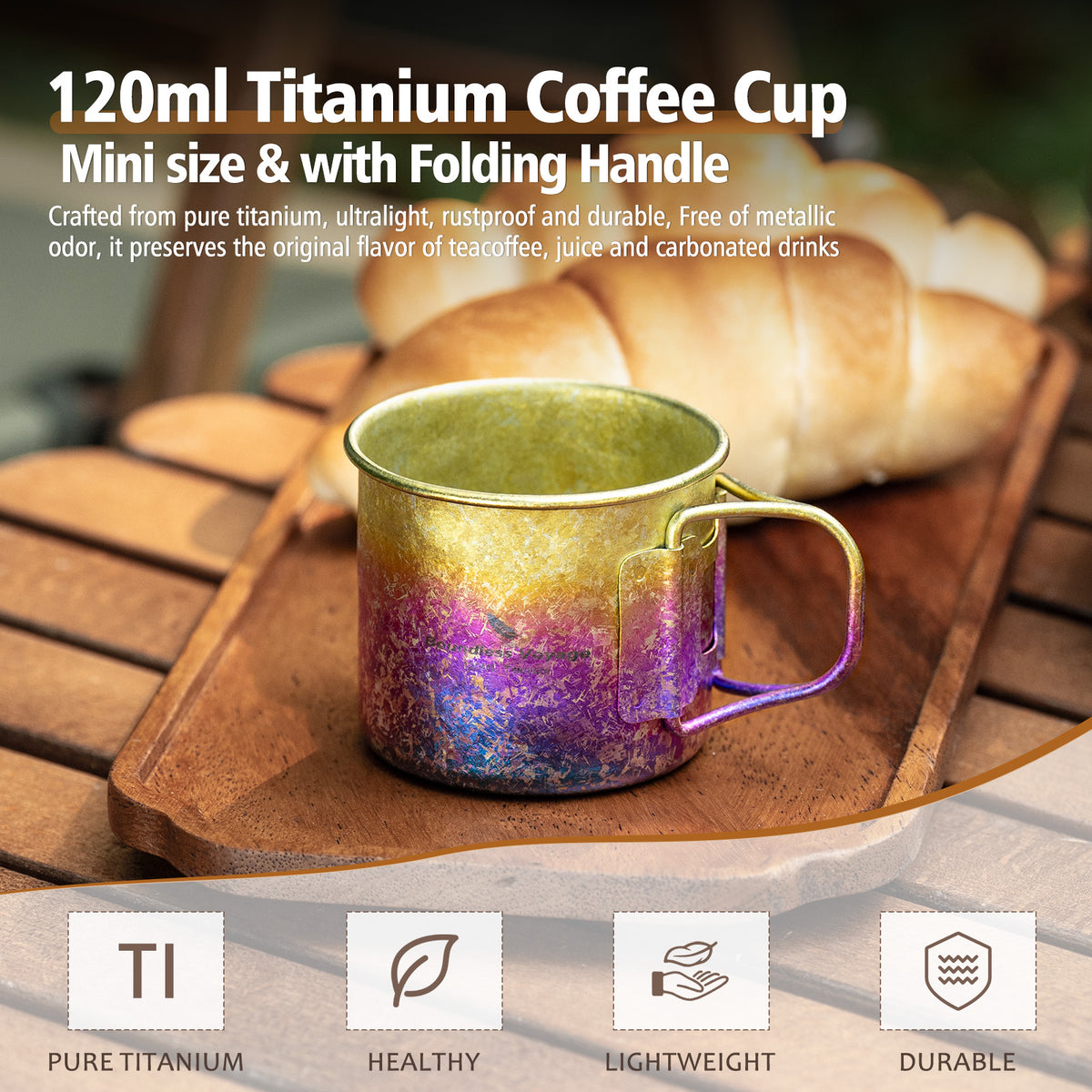 Boundless Voyage 120ml Titanium Camping Cup with Folding Handle – Ultralight Mini Coffee & Espresso Mug for Hiking, Backpacking & Travel