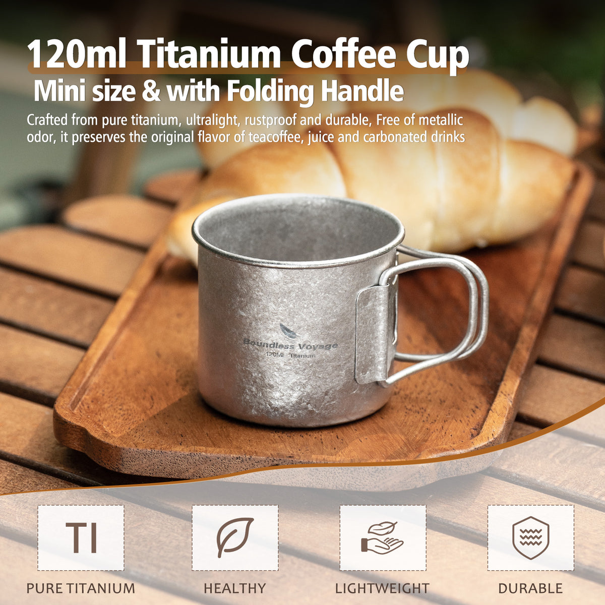 Boundless Voyage 120ml Titanium Camping Cup with Folding Handle – Ultralight Mini Coffee & Espresso Mug for Hiking, Backpacking & Travel