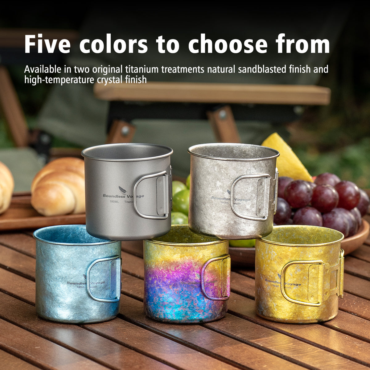 Boundless Voyage 180ml Titanium Camping Cup with Folding Handle – Ultralight Mini Coffee Mug, Natural & Crystalline Finishes 富文本编辑器