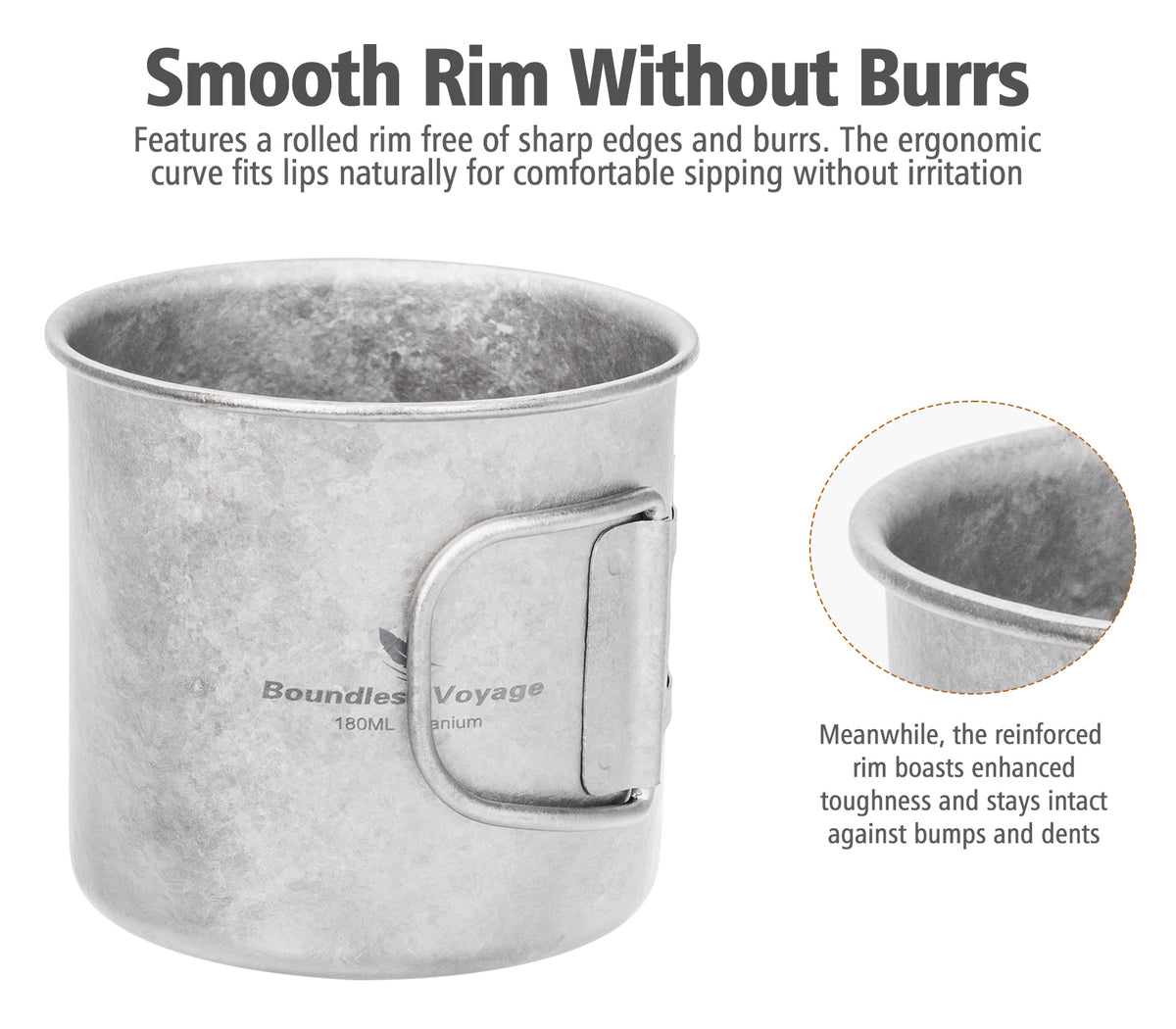 Boundless Voyage 180ml Titanium Camping Cup with Folding Handle – Ultralight Mini Coffee Mug, Natural & Crystalline Finishes 富文本编辑器