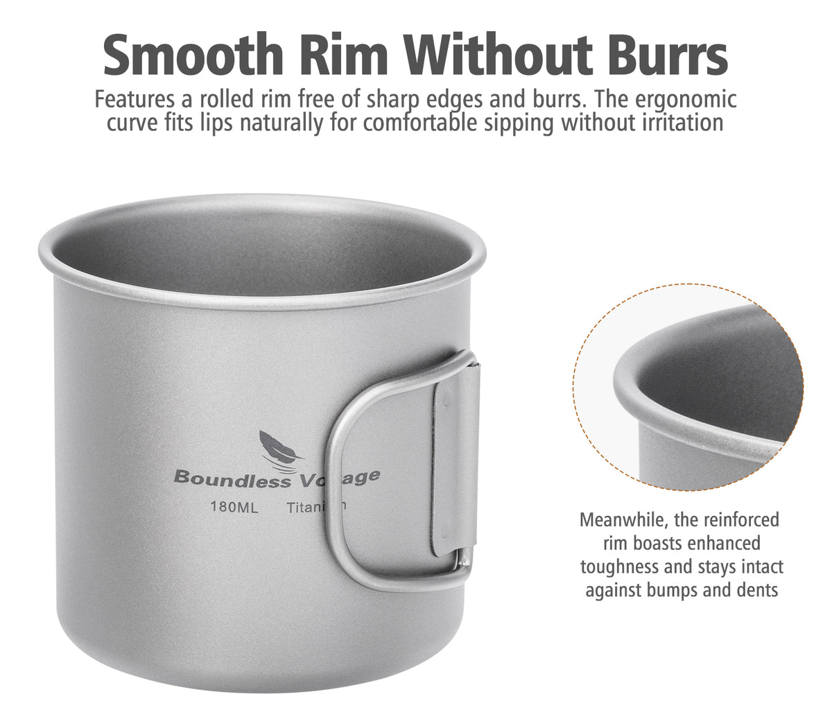 Boundless Voyage 180ml Titanium Camping Cup with Folding Handle – Ultralight Mini Coffee Mug, Natural & Crystalline Finishes 富文本编辑器
