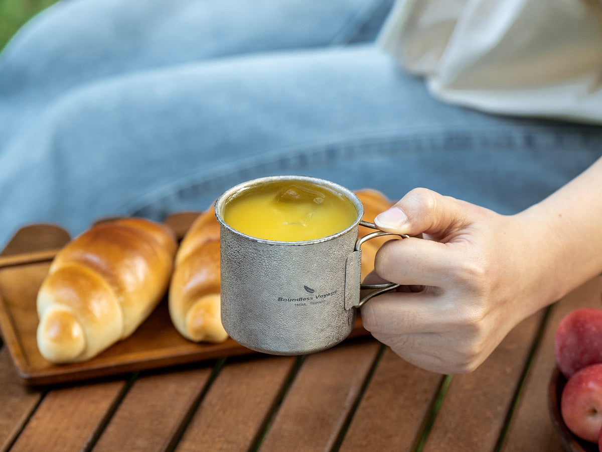 Boundless Voyage 180ml Titanium Camping Cup with Folding Handle – Ultralight Mini Coffee Mug, Natural & Crystalline Finishes 富文本编辑器
