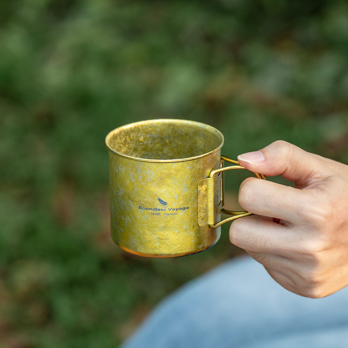 Boundless Voyage 180ml Titanium Camping Cup with Folding Handle – Ultralight Mini Coffee Mug, Natural & Crystalline Finishes 富文本编辑器