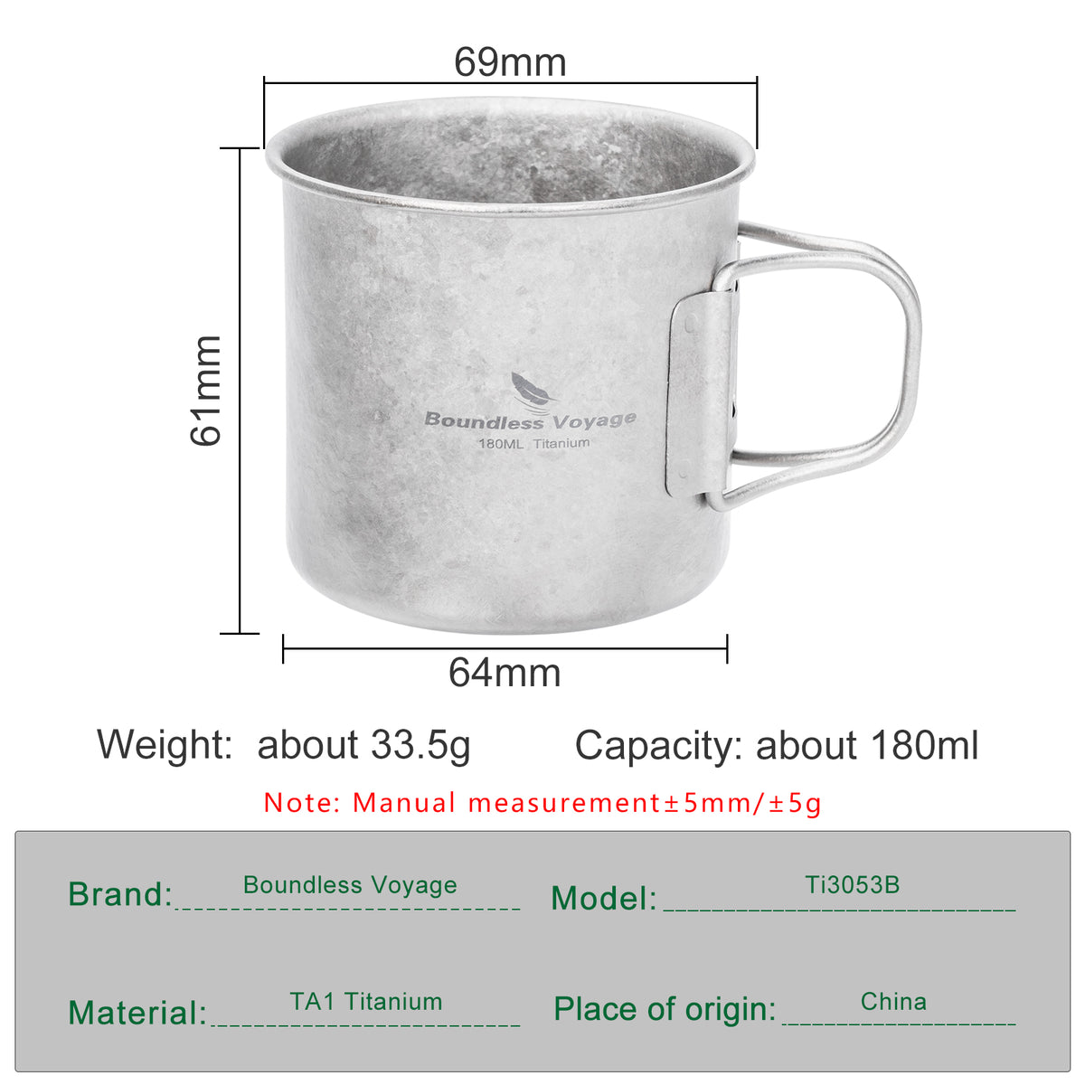 Boundless Voyage 180ml Titanium Camping Cup with Folding Handle – Ultralight Mini Coffee Mug, Natural & Crystalline Finishes 富文本编辑器
