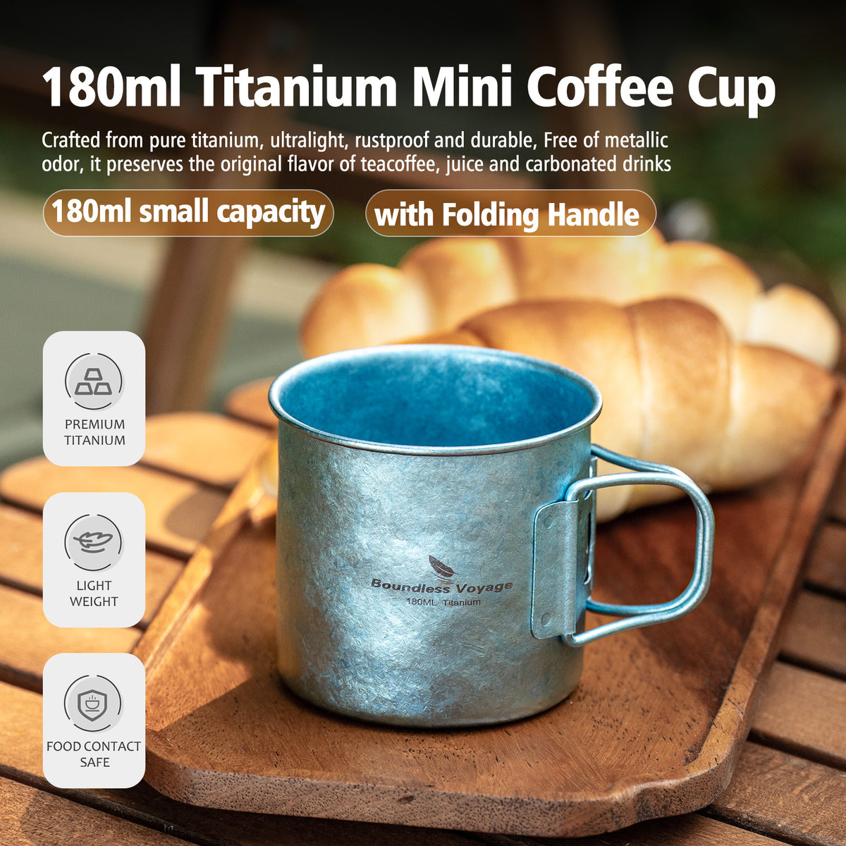 Boundless Voyage 180ml Titanium Camping Cup with Folding Handle – Ultralight Mini Coffee Mug, Natural & Crystalline Finishes 富文本编辑器