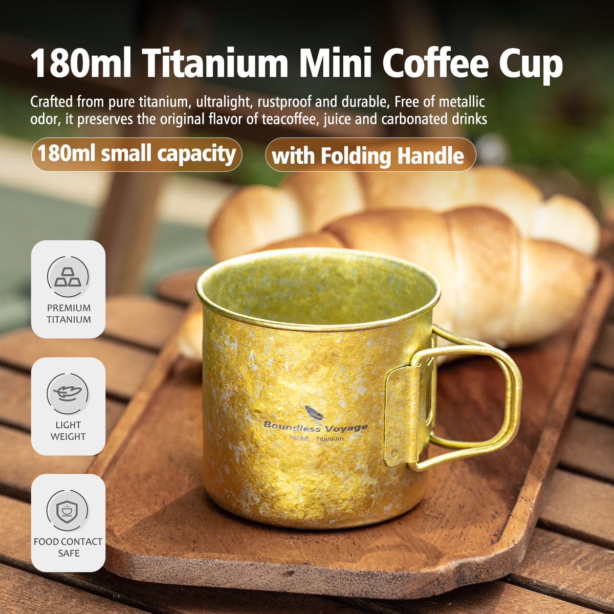 Boundless Voyage 180ml Titanium Camping Cup with Folding Handle – Ultralight Mini Coffee Mug, Natural & Crystalline Finishes 富文本编辑器