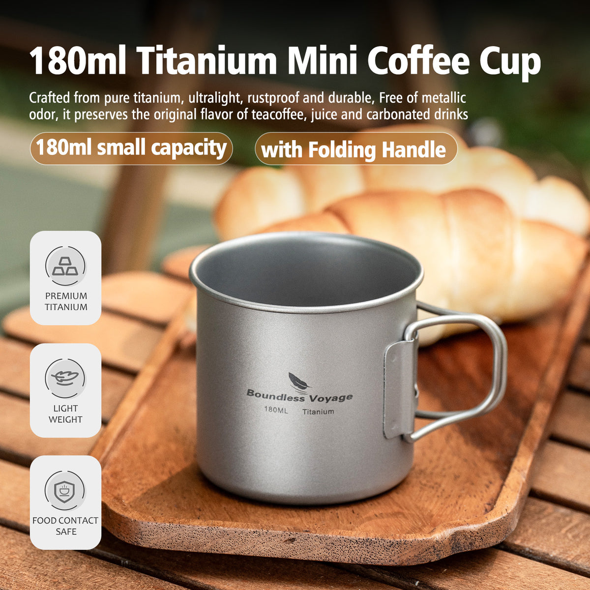 Boundless Voyage 180ml Titanium Camping Cup with Folding Handle – Ultralight Mini Coffee Mug, Natural & Crystalline Finishes 富文本编辑器