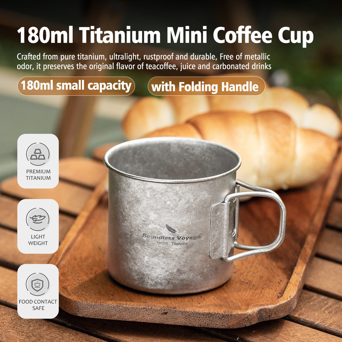 Boundless Voyage 180ml Titanium Camping Cup with Folding Handle – Ultralight Mini Coffee Mug, Natural & Crystalline Finishes 富文本编辑器
