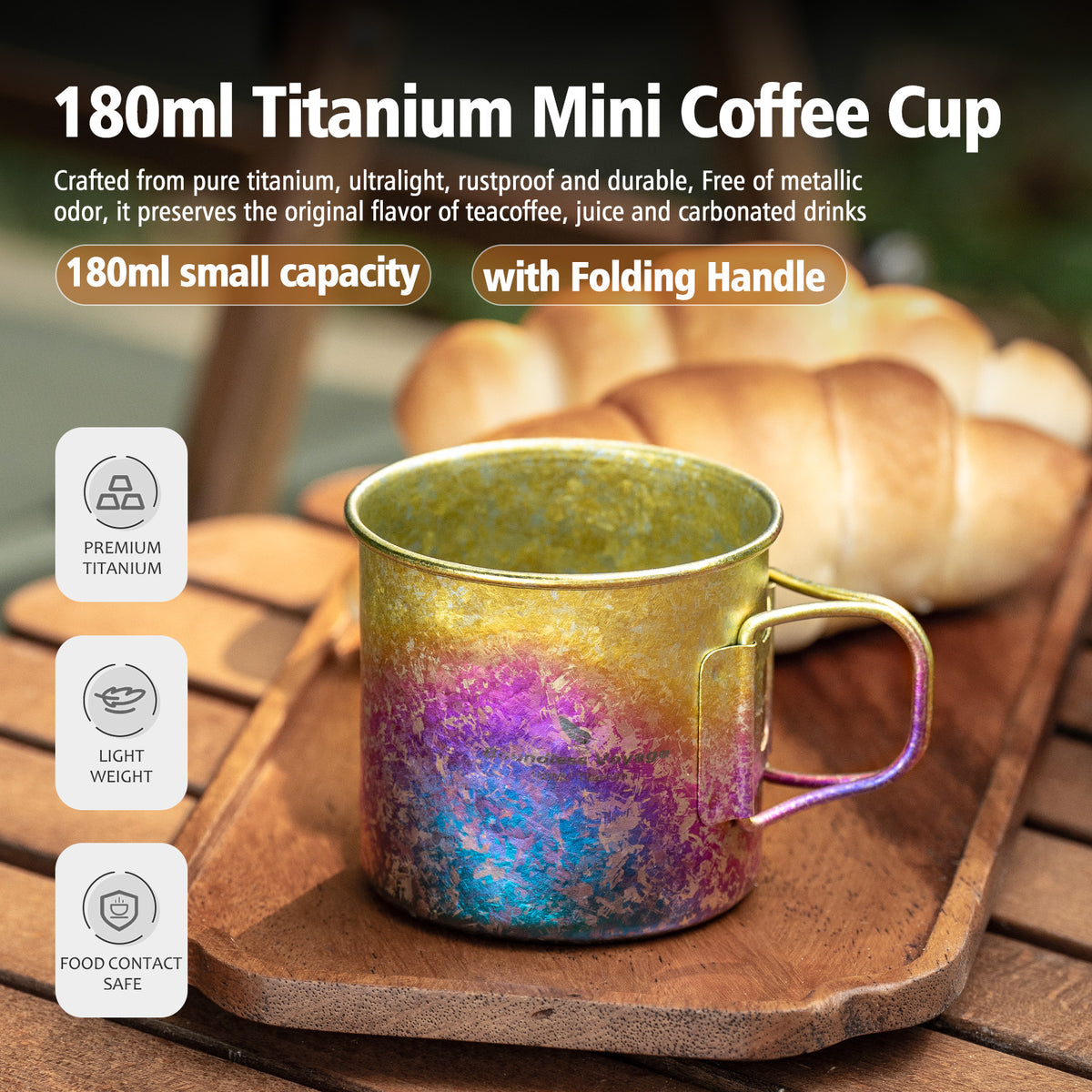 Boundless Voyage 180ml Titanium Camping Cup with Folding Handle – Ultralight Mini Coffee Mug, Natural & Crystalline Finishes 富文本编辑器